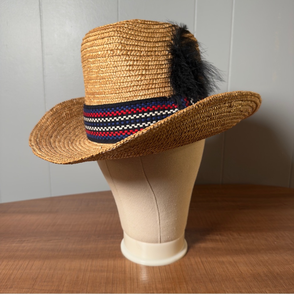 Vintage Straw Cowboy Hat with Black Feather Accent